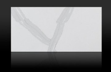 "These stunning quartz countertops feature a soft white base...